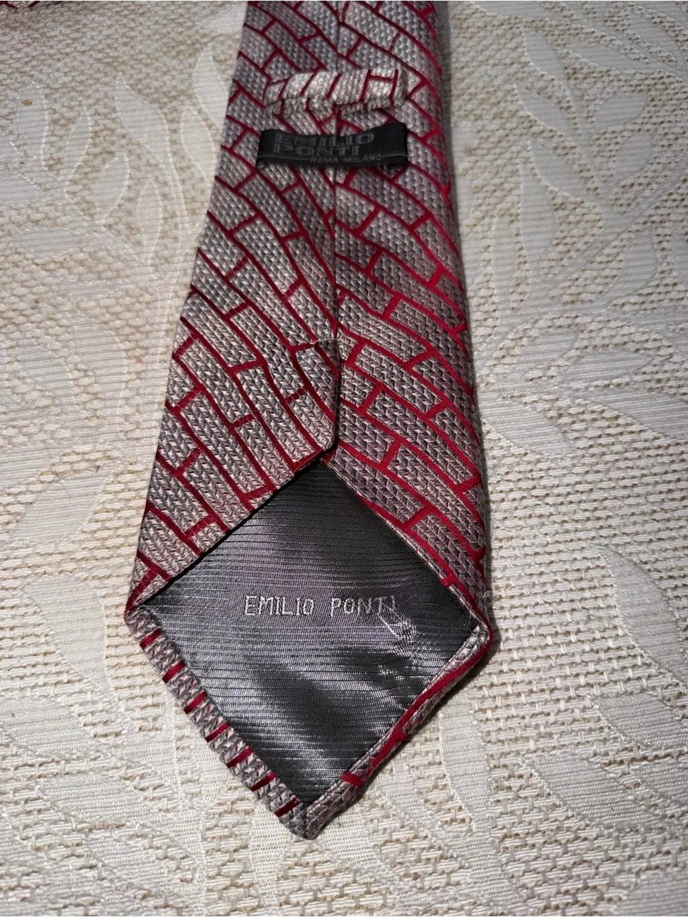 Emilio Ponti Silver And Red Geometric Handmade Silk Necktie